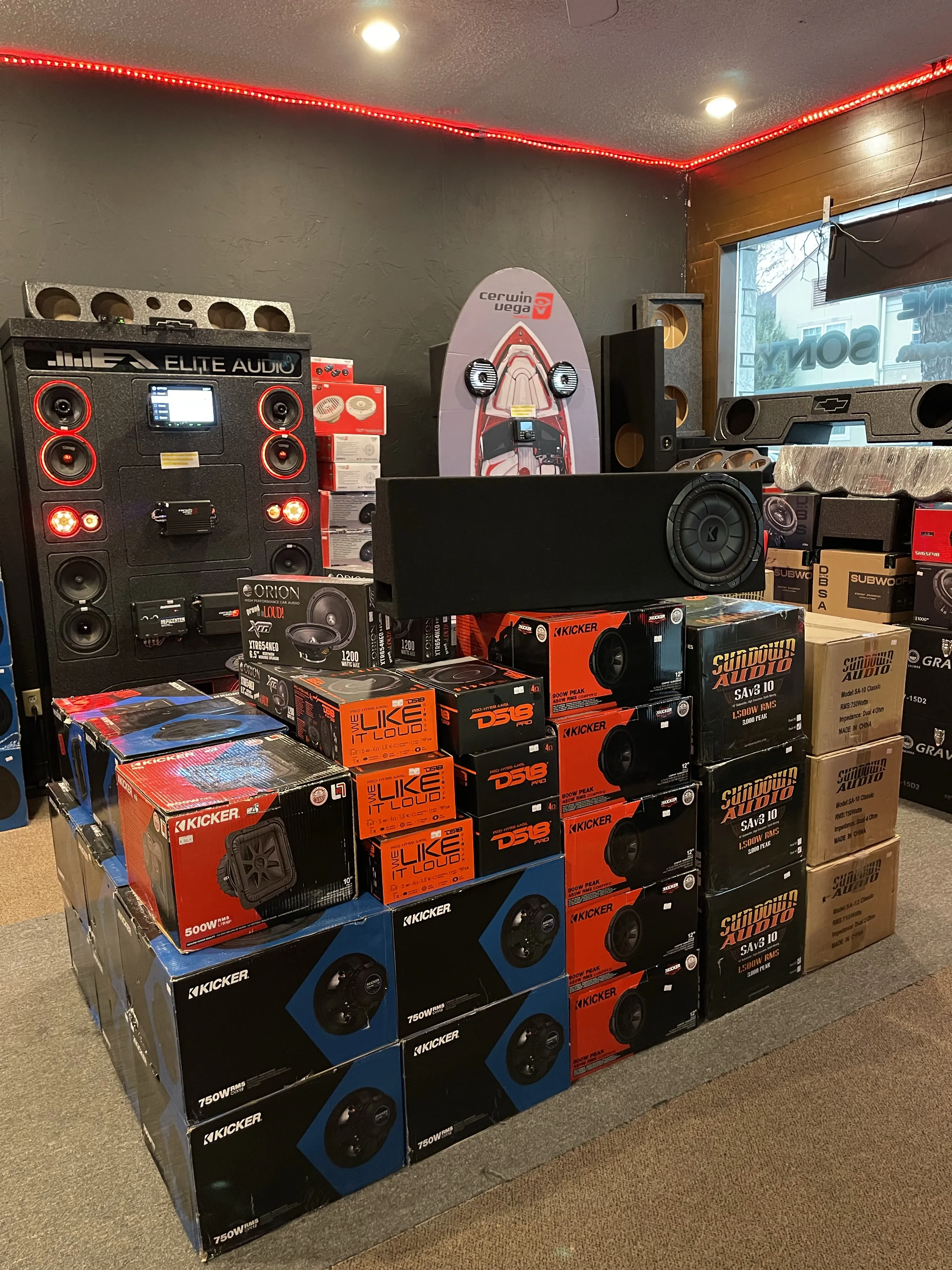 Store view showing multiple stacks of audio products.