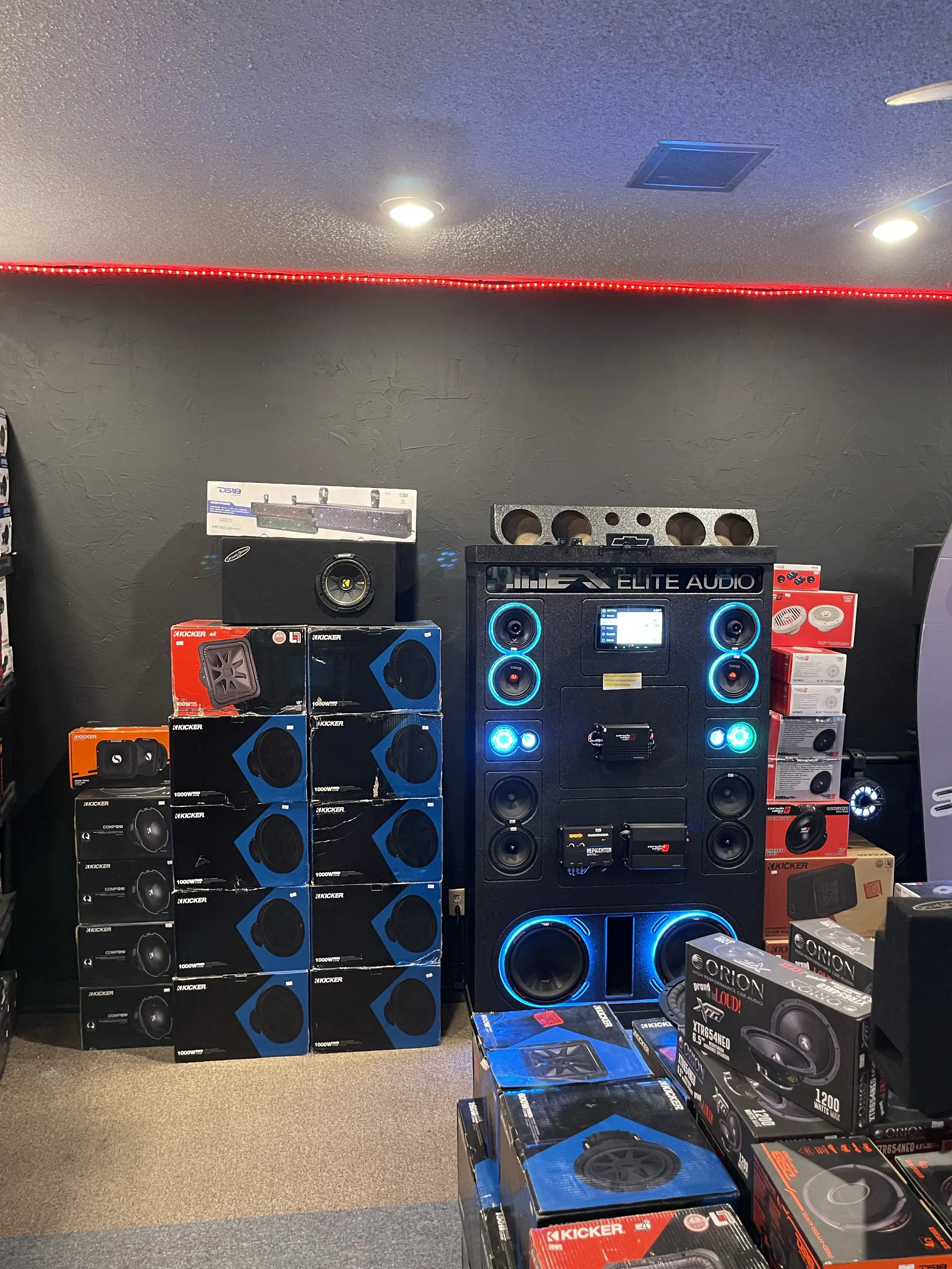 Store view showing multiple stacks of audio products.
