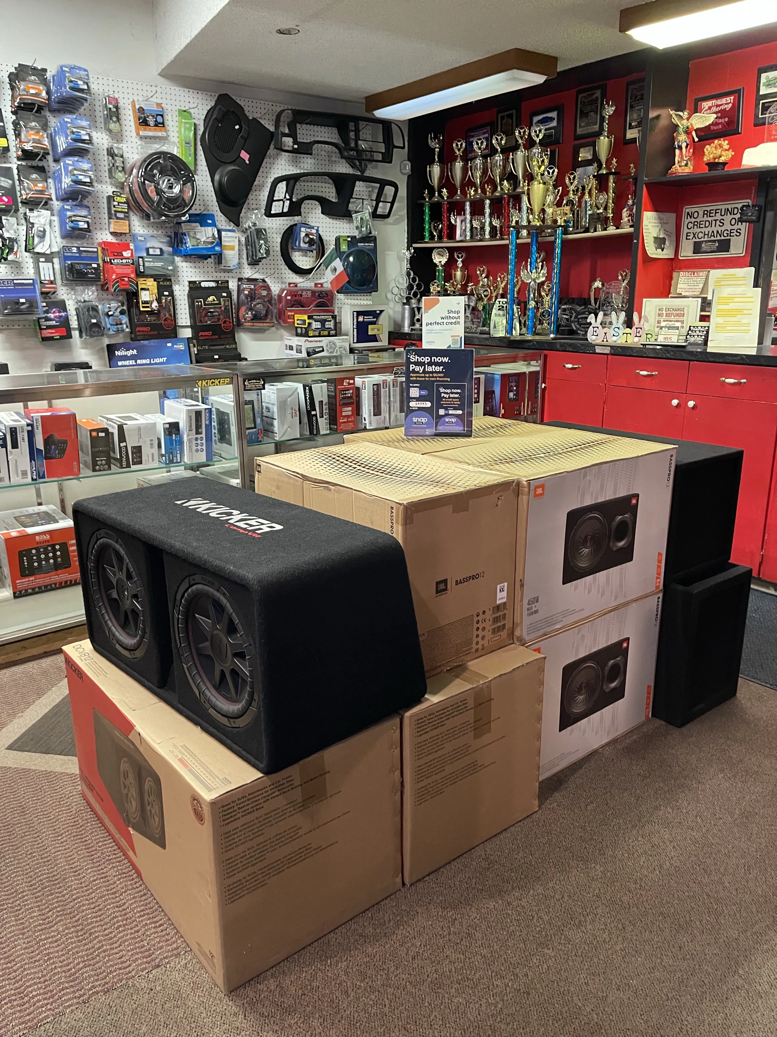 View of stacked boxes of subwoofers