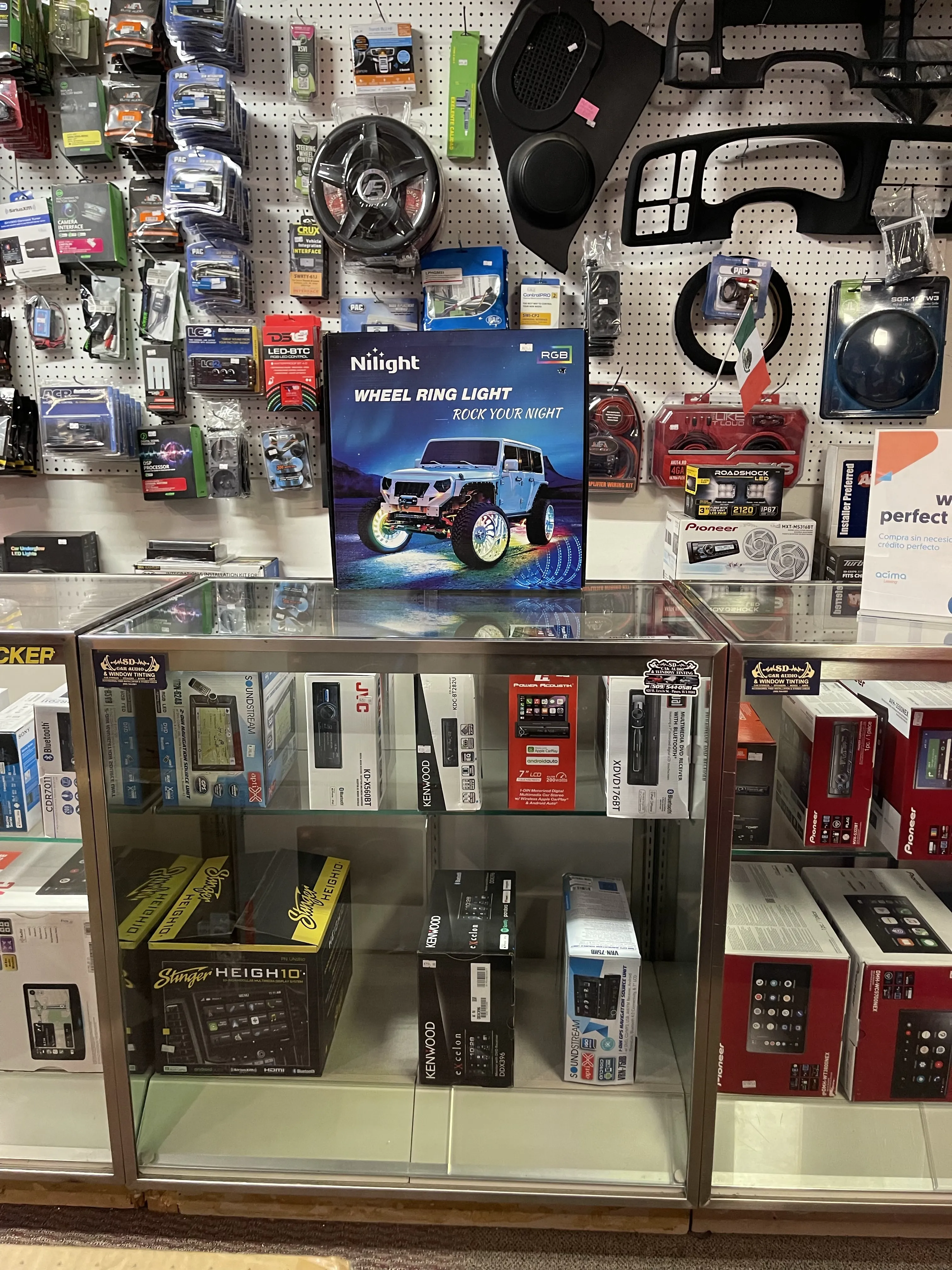 Box of vehicle wheel ring lights on store counter